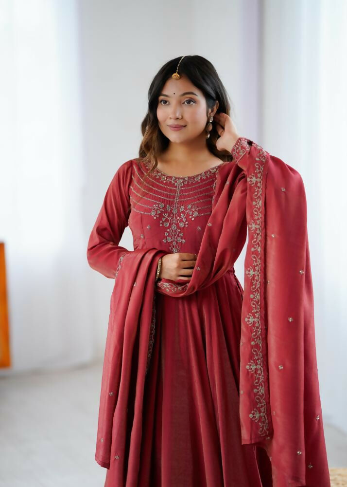 Lehenga Mart Designer Anarkali Suit With Kurta, Pant, Dupatta For Women-Maroon
