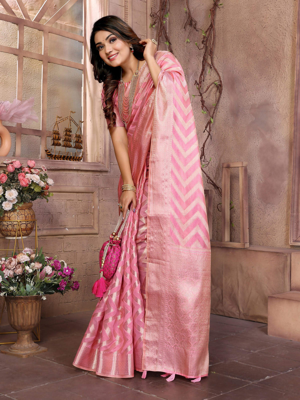 Aastha Fashion Pink Soft Organza Silk Weaving Saree