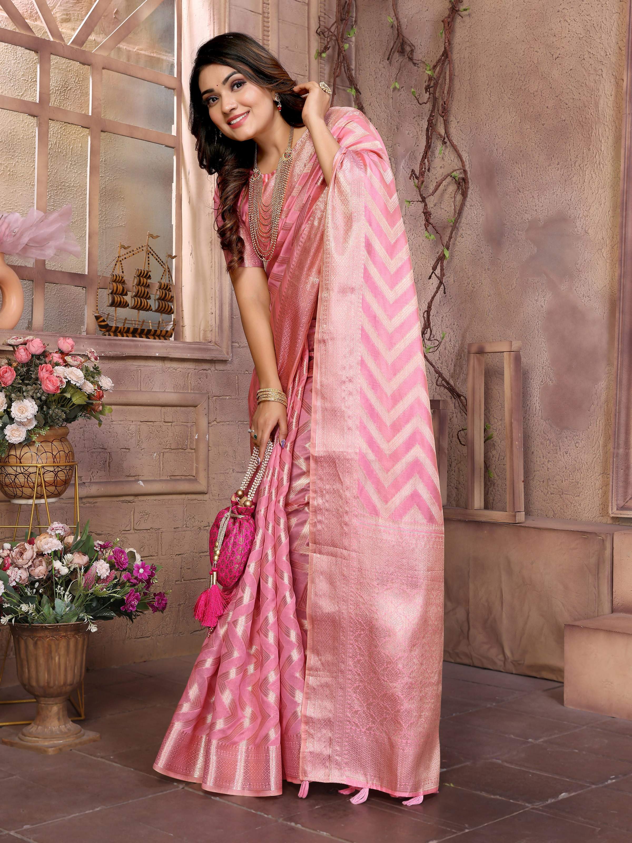 Aastha Fashion Pink Soft Organza Silk Weaving Saree