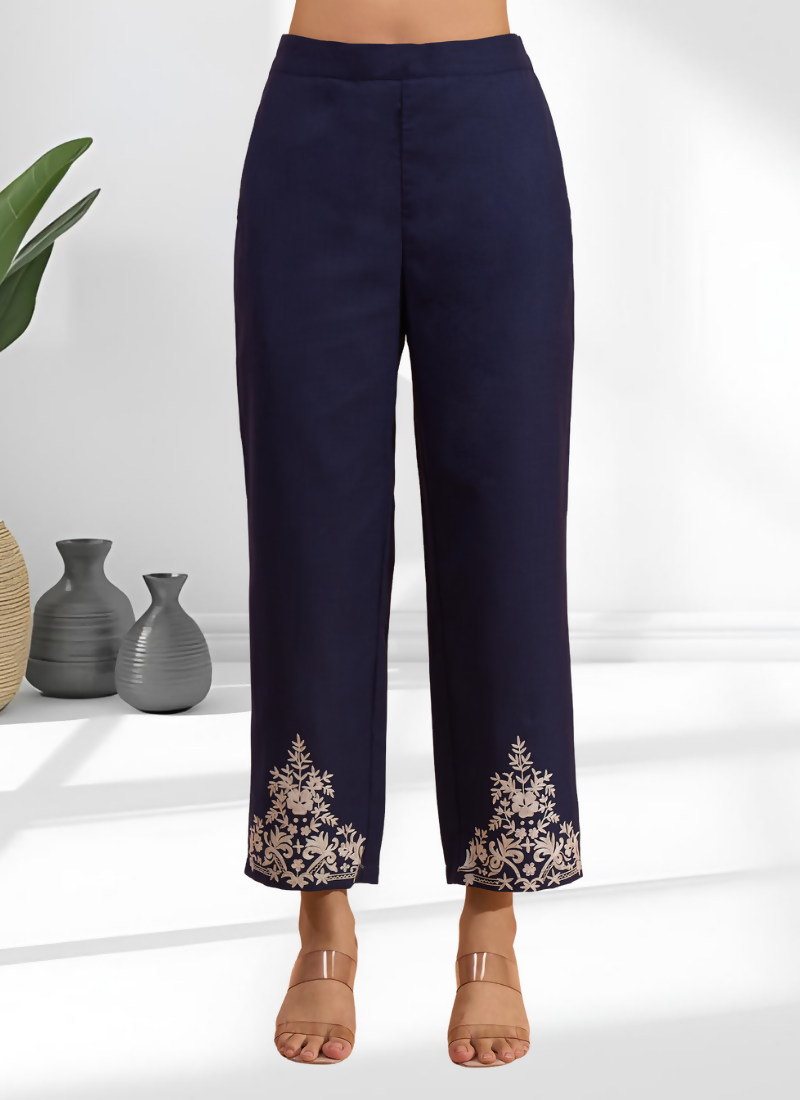 Joban Fashion Navy Blue Cotton, Linen Embroidered Readymade Cord Set