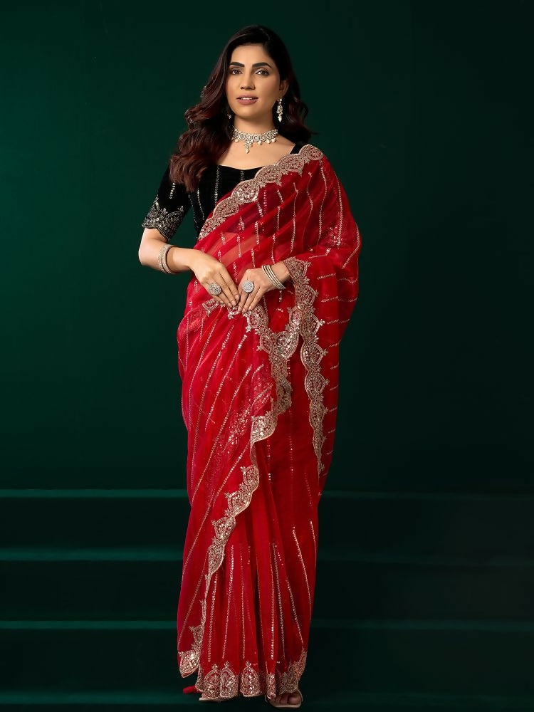 Joban Fashion Red Net Party Wear Sarees