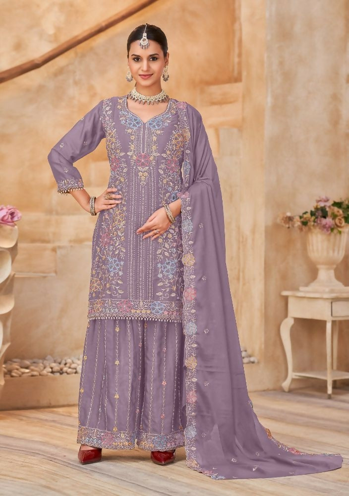 Anaita Lavender Vichitra Silk Readymade Palazzo Suit with Embroidery & Lace Work