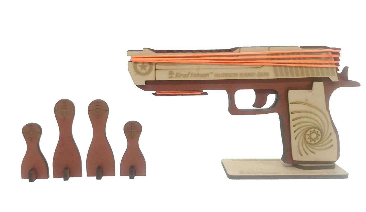 Kraftsman Semi-Automatic Wooden Rubber Band Shooting Gun Toys for Kids & Adults with Target | 5 Rapid Fire Shots