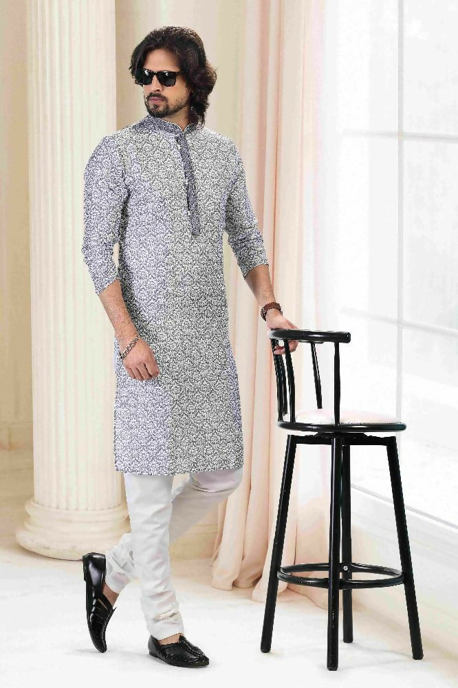 Raivat Ethnic Cotton Thread Work Kurta Pajama In Grey Colour
