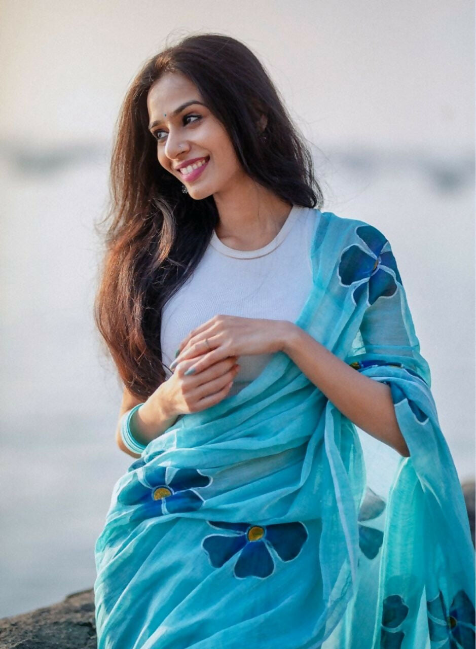Prime Volt Women's Sky Blue Floral Digital Print Soft Linen Saree With Blouse