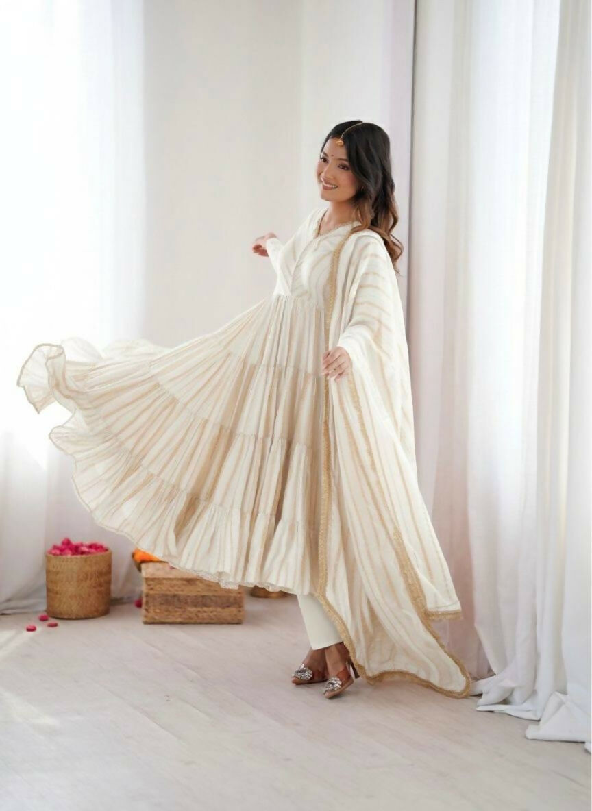 Teeya Creation White Color Mal Chanderi Silk Hand Embroidery Work Long Gown