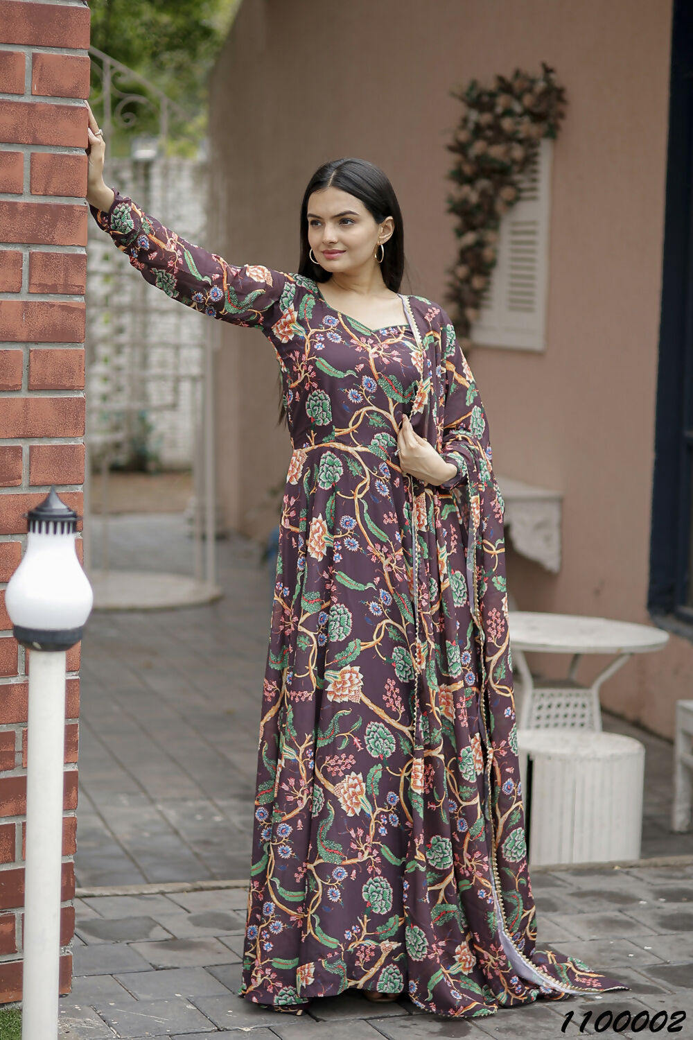 Aayaa Designer Printed Georgette Full Flare Gown With Dupatta - Multi Color
