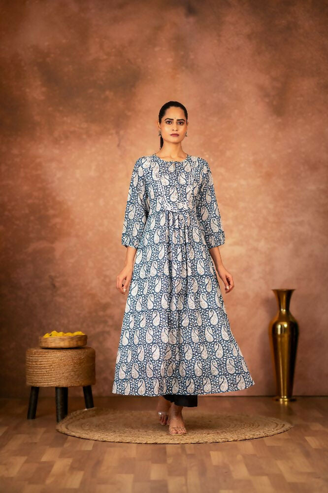 Joban Fashion Blue Floral Hand Block Printed Cotton Kurta Pant Set