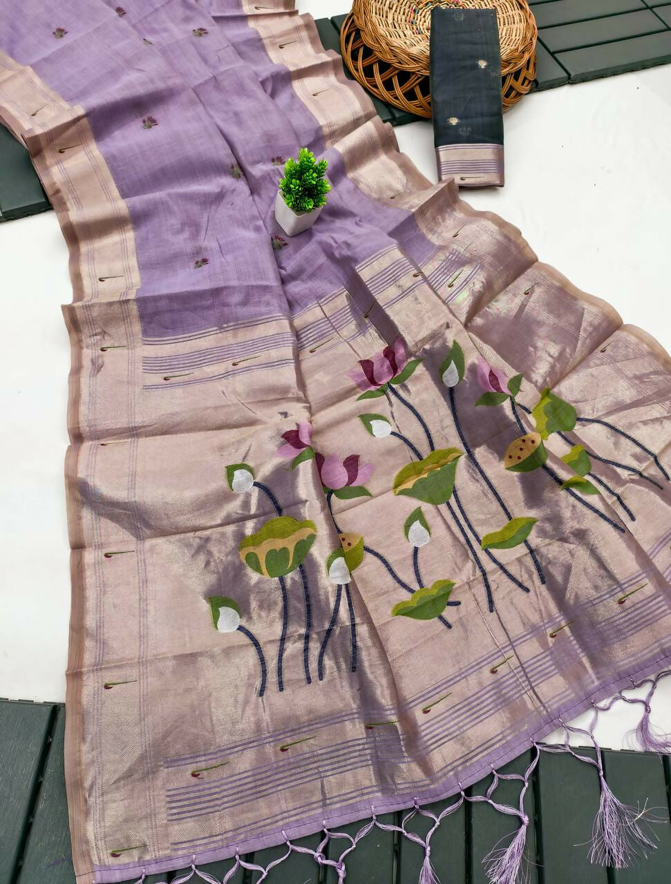 Vastranavya Lavender Muga Cotton Meenakari & Munia Weaving Pallu Saree with Contrast Blouse