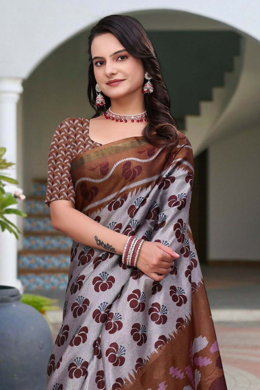Prime Volt Women's Brown Printed Mal Cotton Saree with Designer Blouse Piece