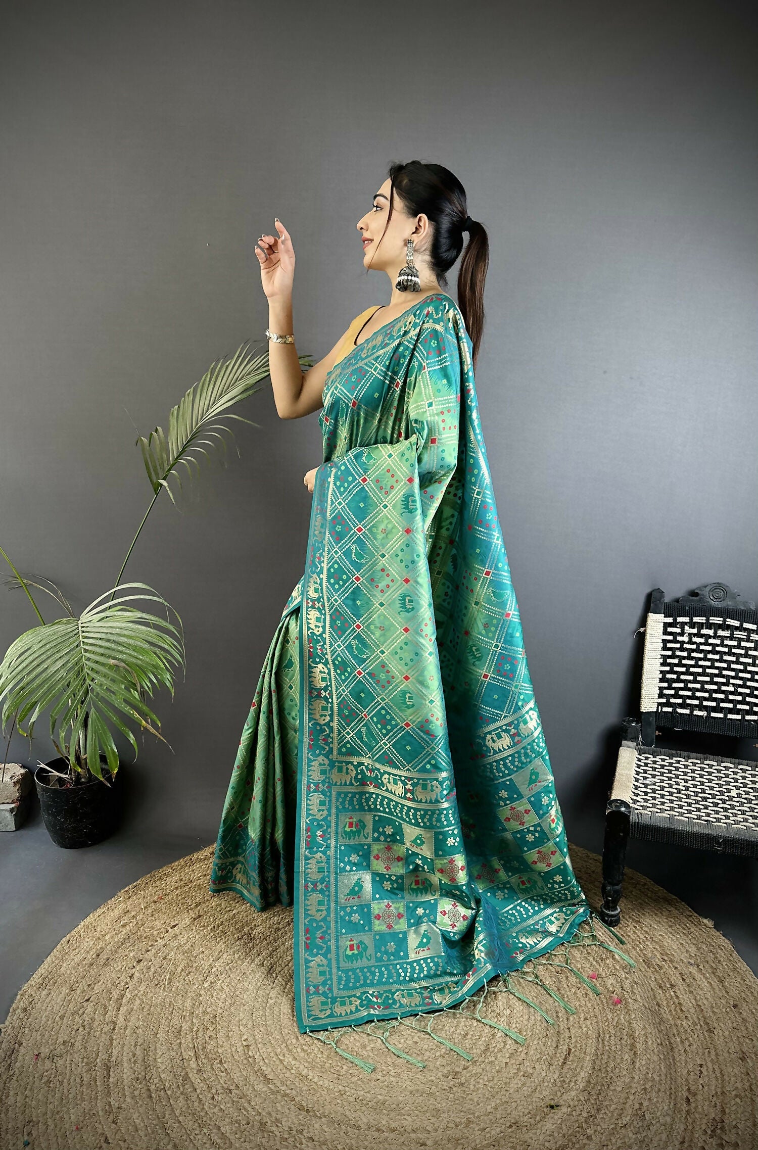 Joban Fashion Turquoise Geometric Pattern Soft Silk Patola Saree
