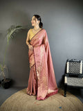 Joban Fashion Rose Gold Paisley & Floral Soft Satin Silk Banarasi Silk Saree