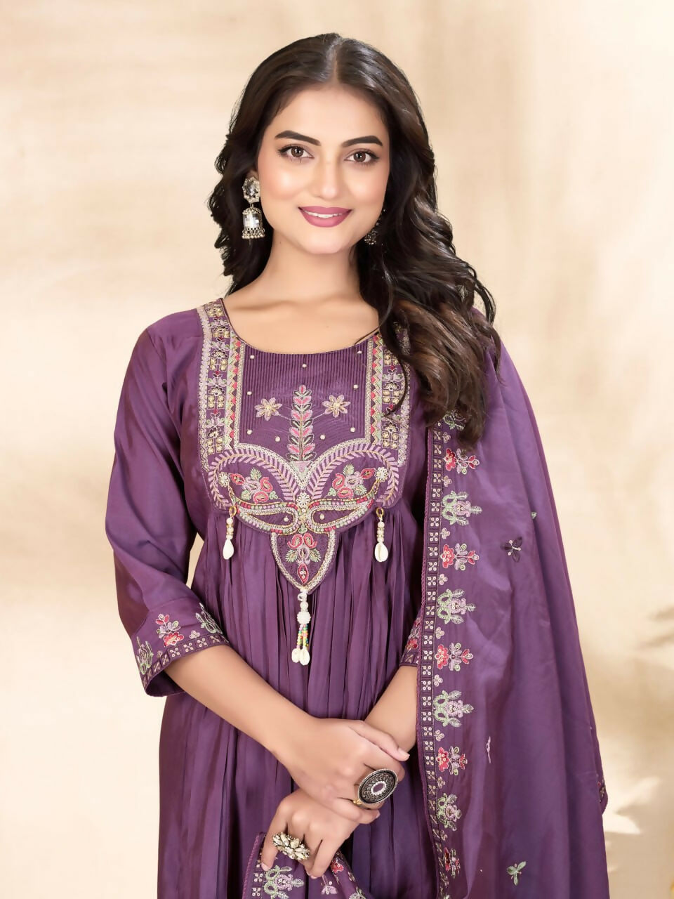 Lehenga Mart Designer Anarkali Suit With Kurta, Pant, Dupatta For Women-Purple