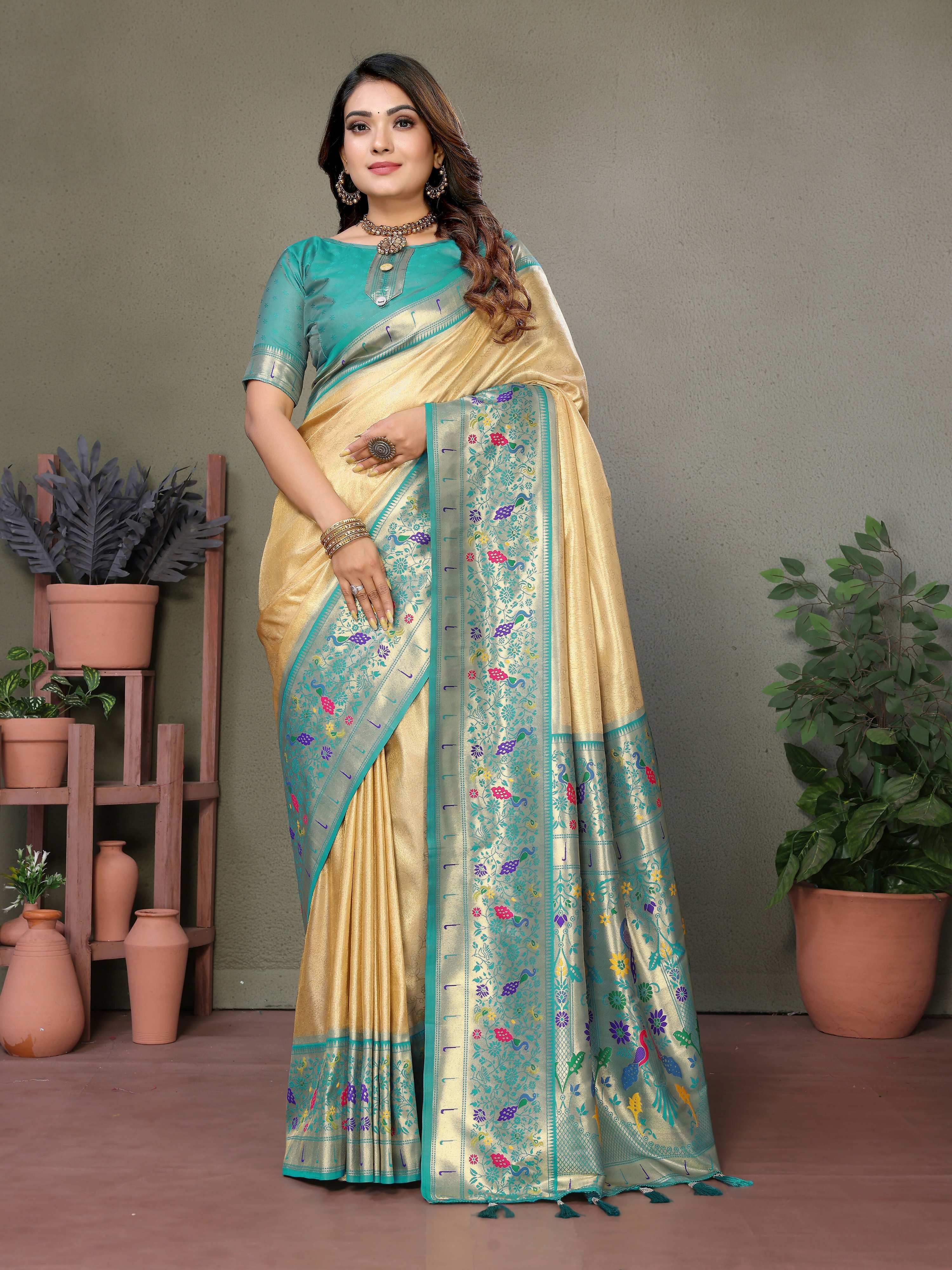 Aastha Fashion Cream Tissue Silk Paithani Woven Saree