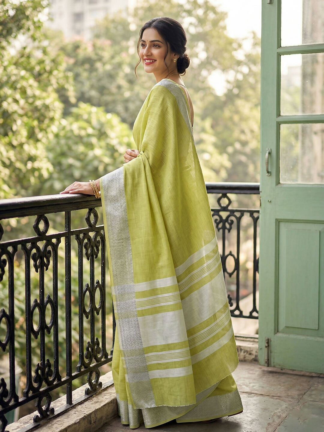 Shree Shyam Fashion Popat Green Linen Saree
