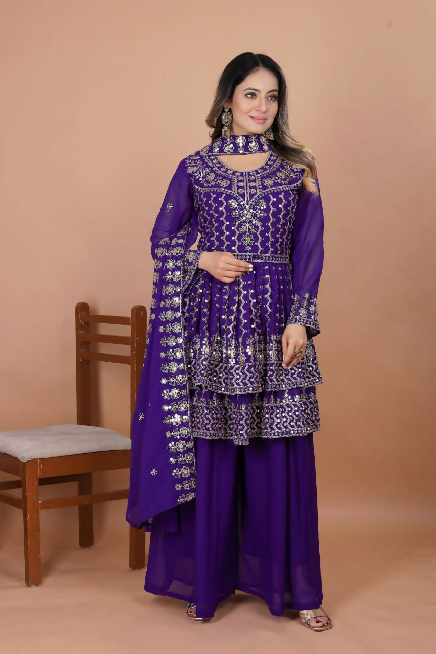 Teeya Creation Purple Color Faux Georgette Embroidery Work Wedding Wear Palazzo Set