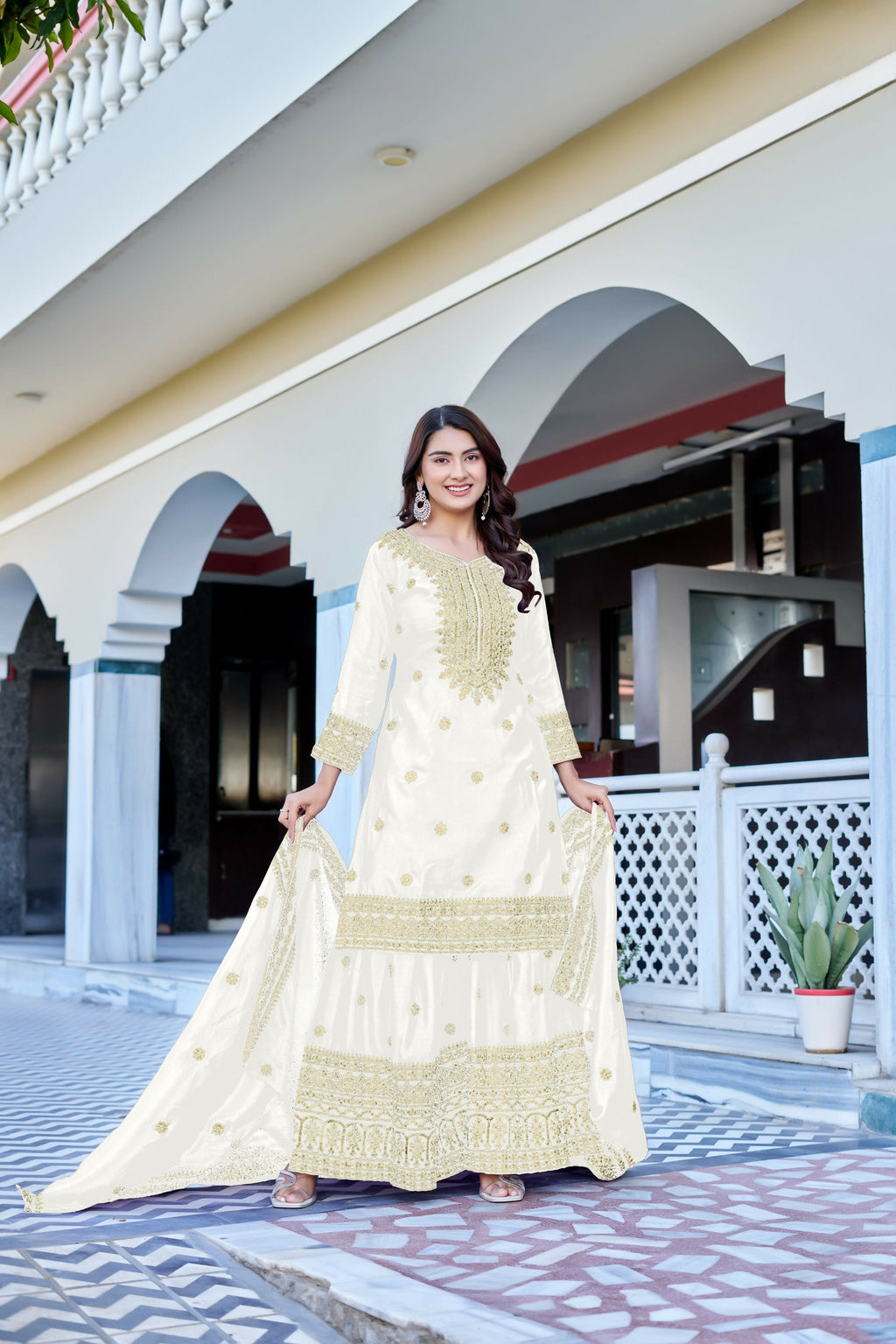 Teeya Creation White Color Chinon Silk Heavy Embroidery Work Wedding Wear Sharara
