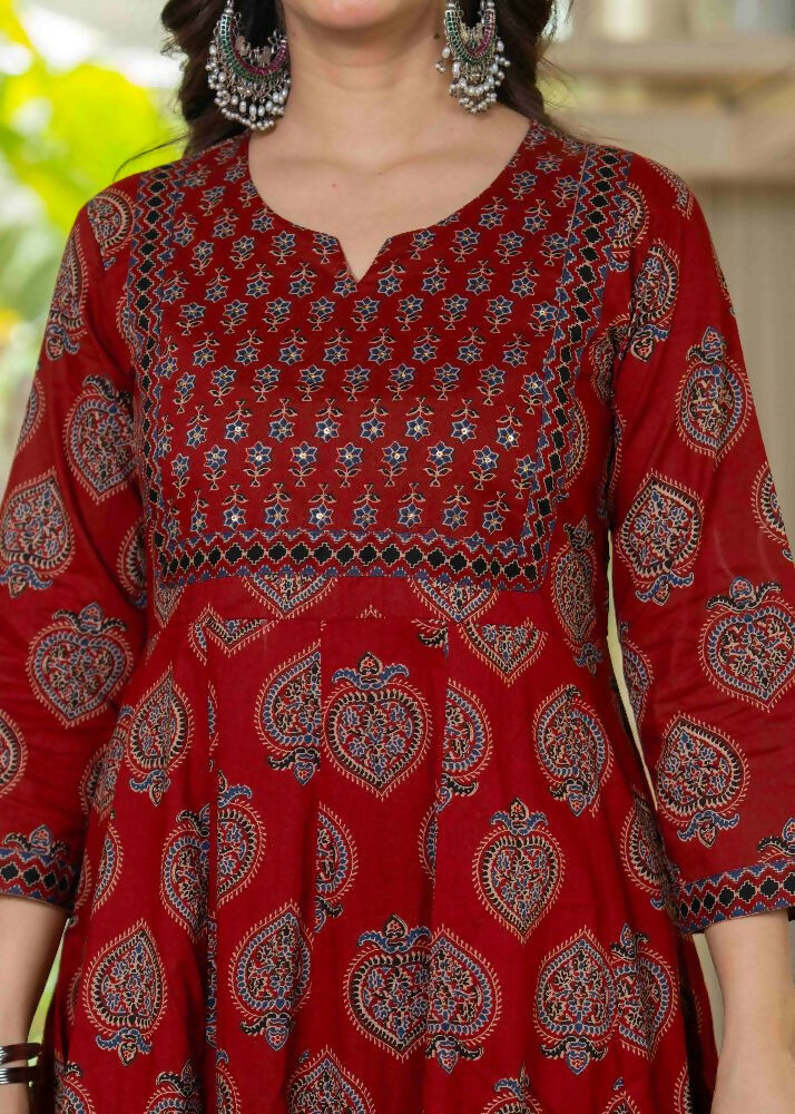 Jaimini Women Cotton Printed Round Neck 3/4 Sleeves Calf Length Flared Kurta Pant And Dupatta Set