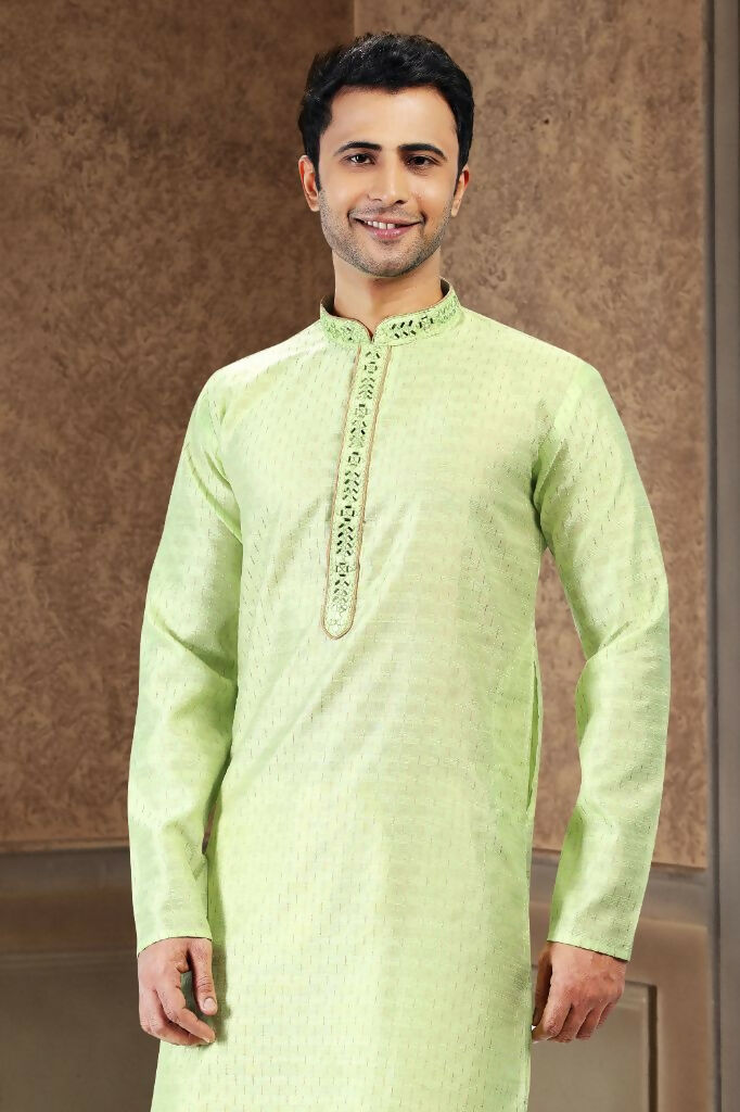 Raivat Ethnic Jacquard Art Silk Mirror and Thread Work Kurta Pajama In Pista Green Colour
