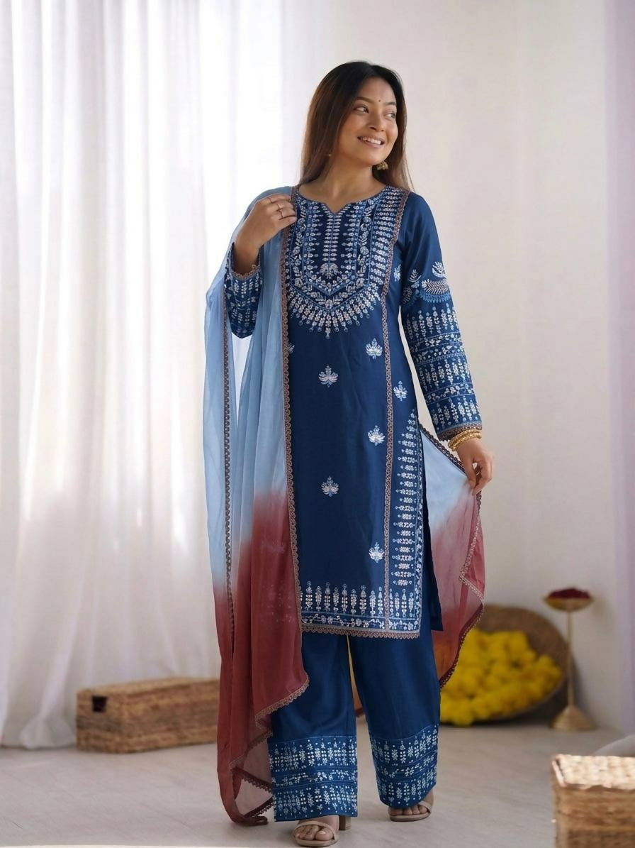 Teeya Creation Womens Trendy Stylish Embroidery Thread Work Blue Kurta Set