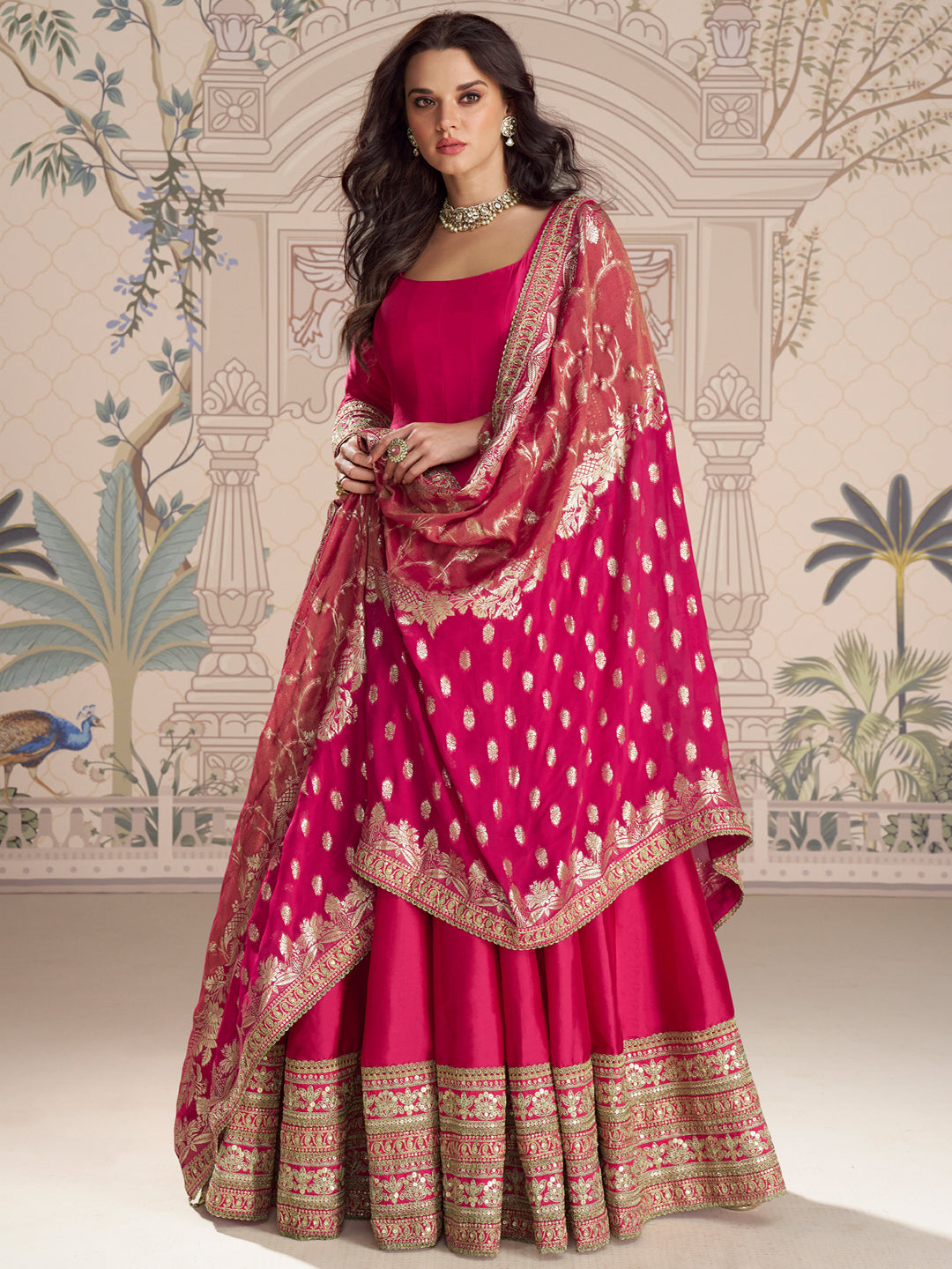 Evanik Women Pink Embroidered Design Wedding Gown with Dupatta