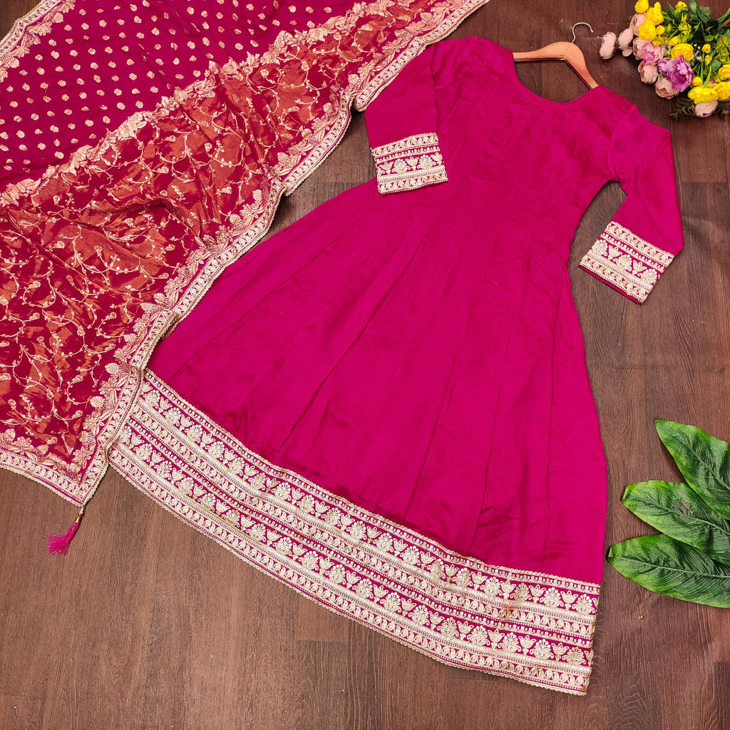 Evanik Women Pink Embroidered Design Wedding Gown with Dupatta