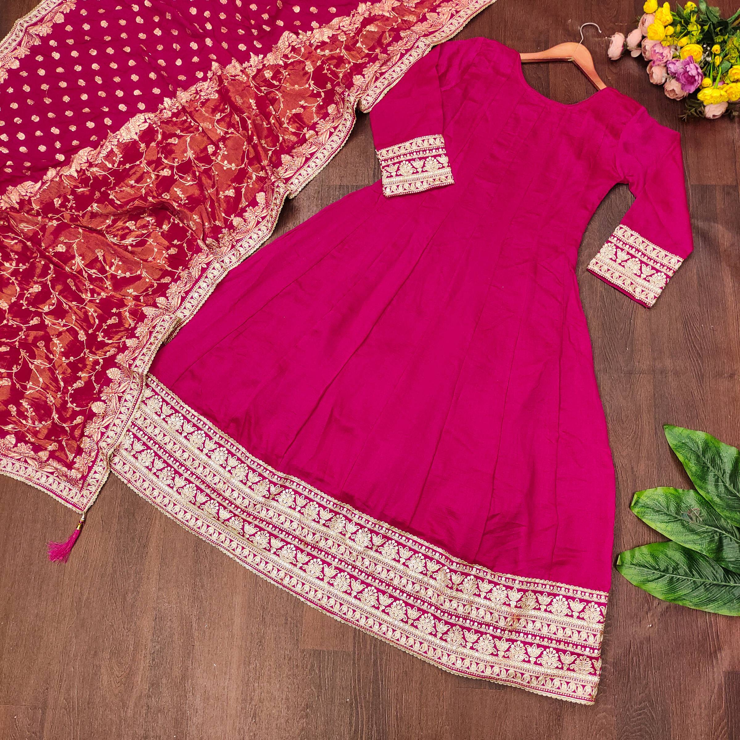 Evanik Women Pink Embroidered Design Wedding Gown with Dupatta