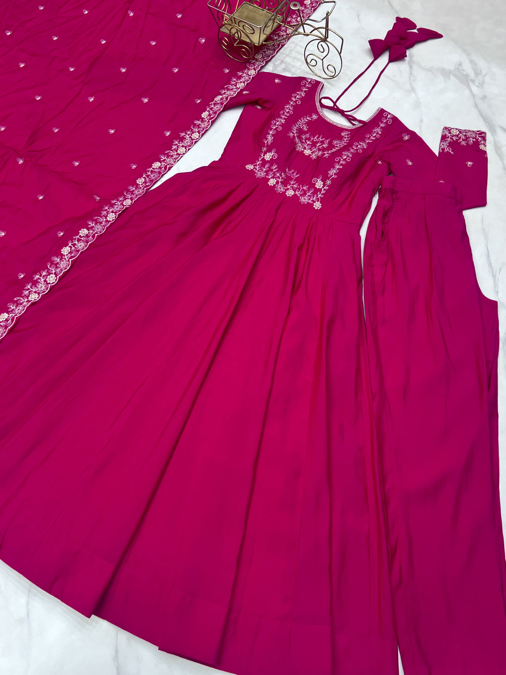 Evanik Ranipink Pure Roman Shimmer Chanderi Beads Work Anarkali Suit