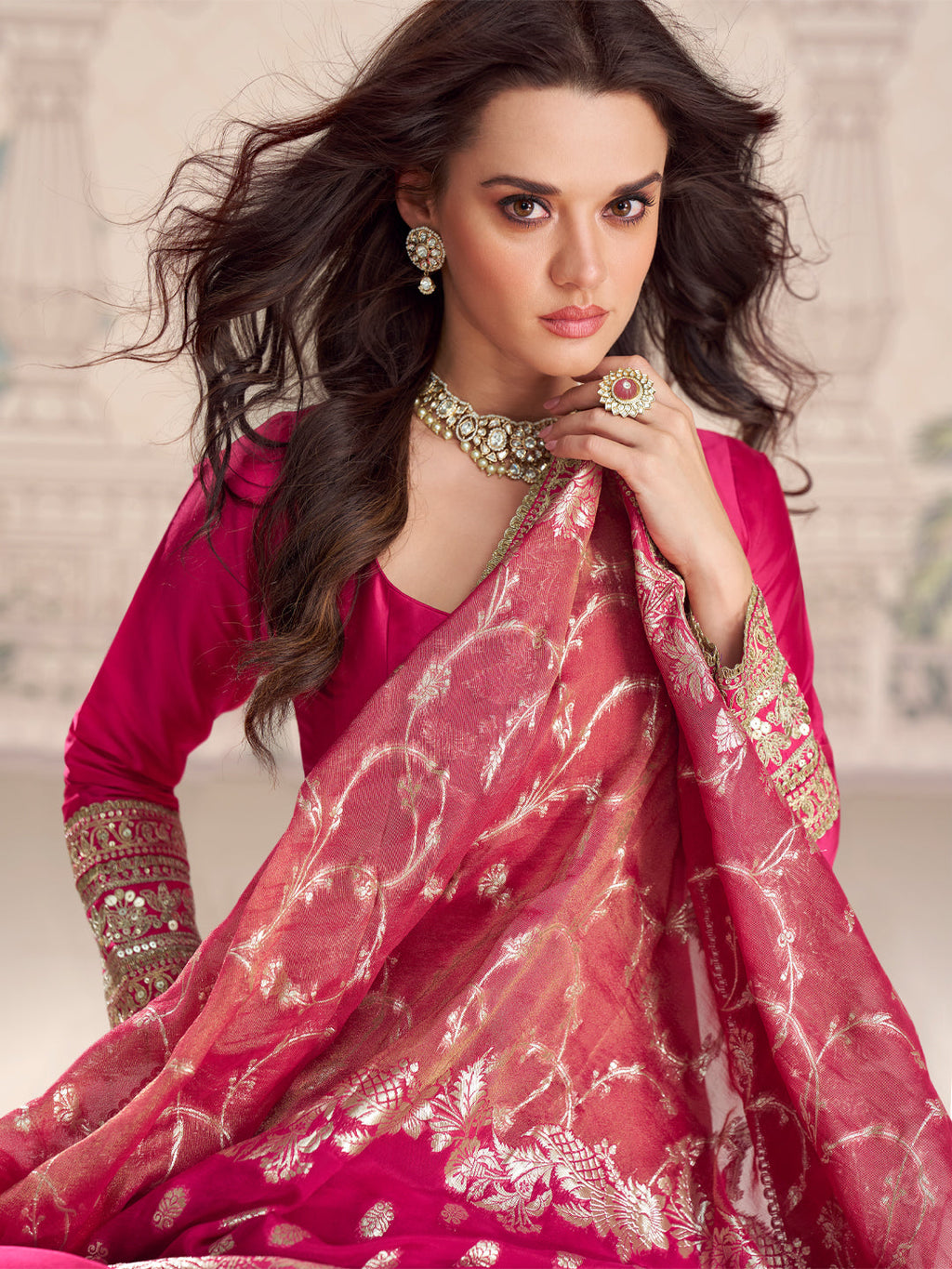 Evanik Women Pink Embroidered Design Wedding Gown with Dupatta