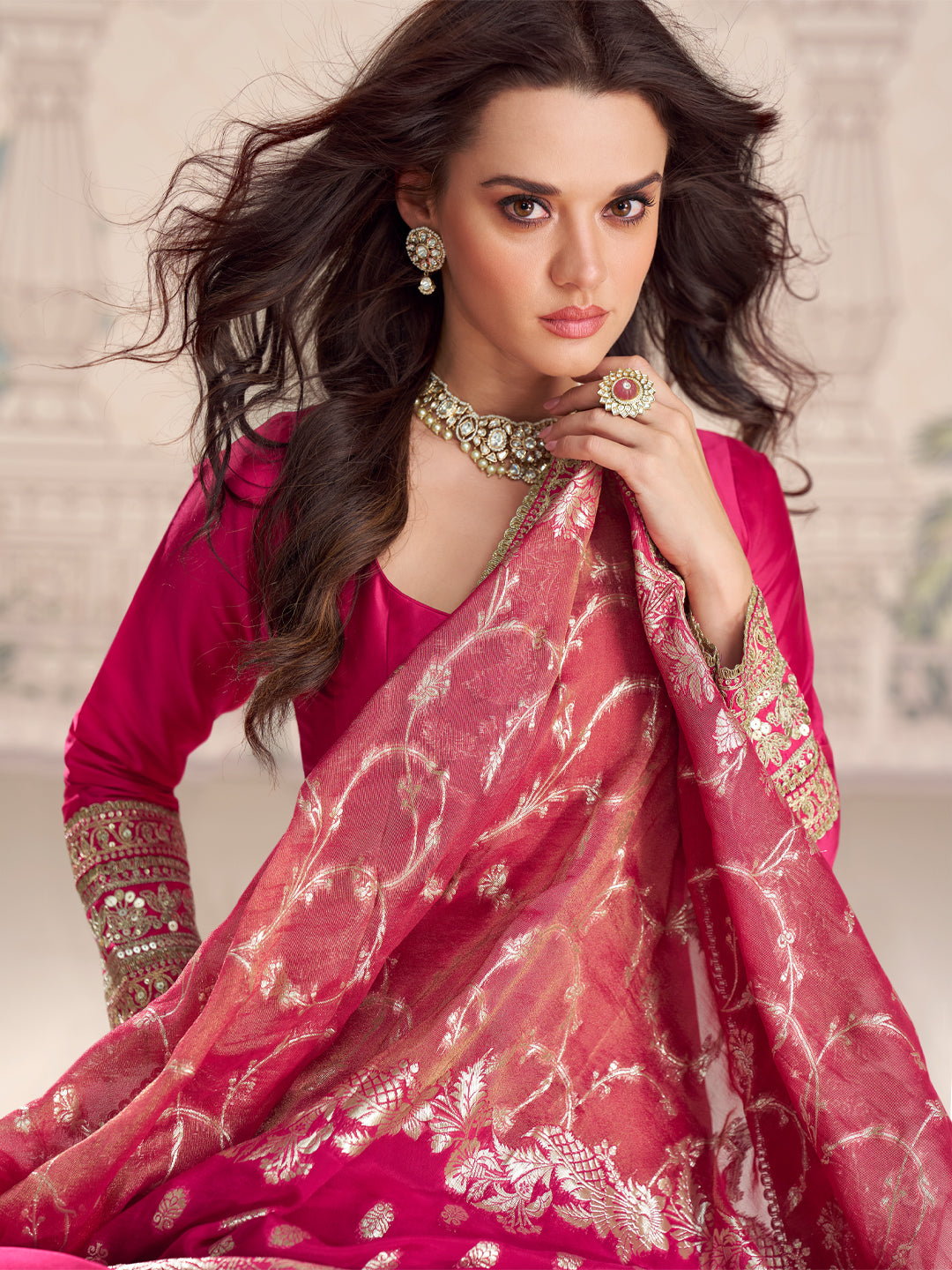 Evanik Women Pink Embroidered Design Wedding Gown with Dupatta