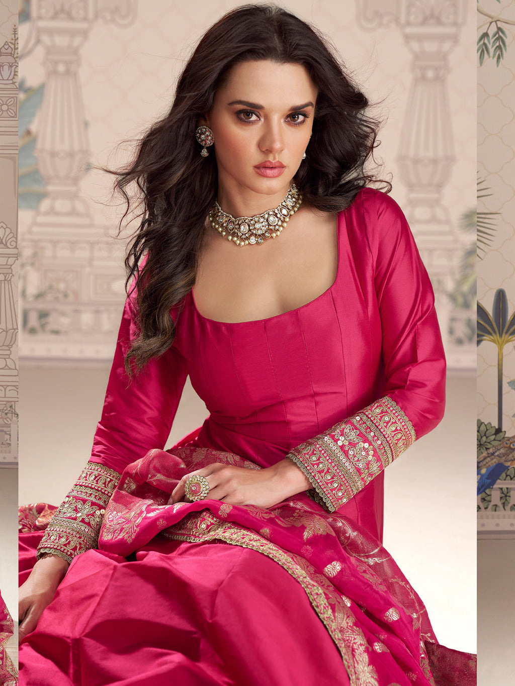 Evanik Women Pink Embroidered Design Wedding Gown with Dupatta