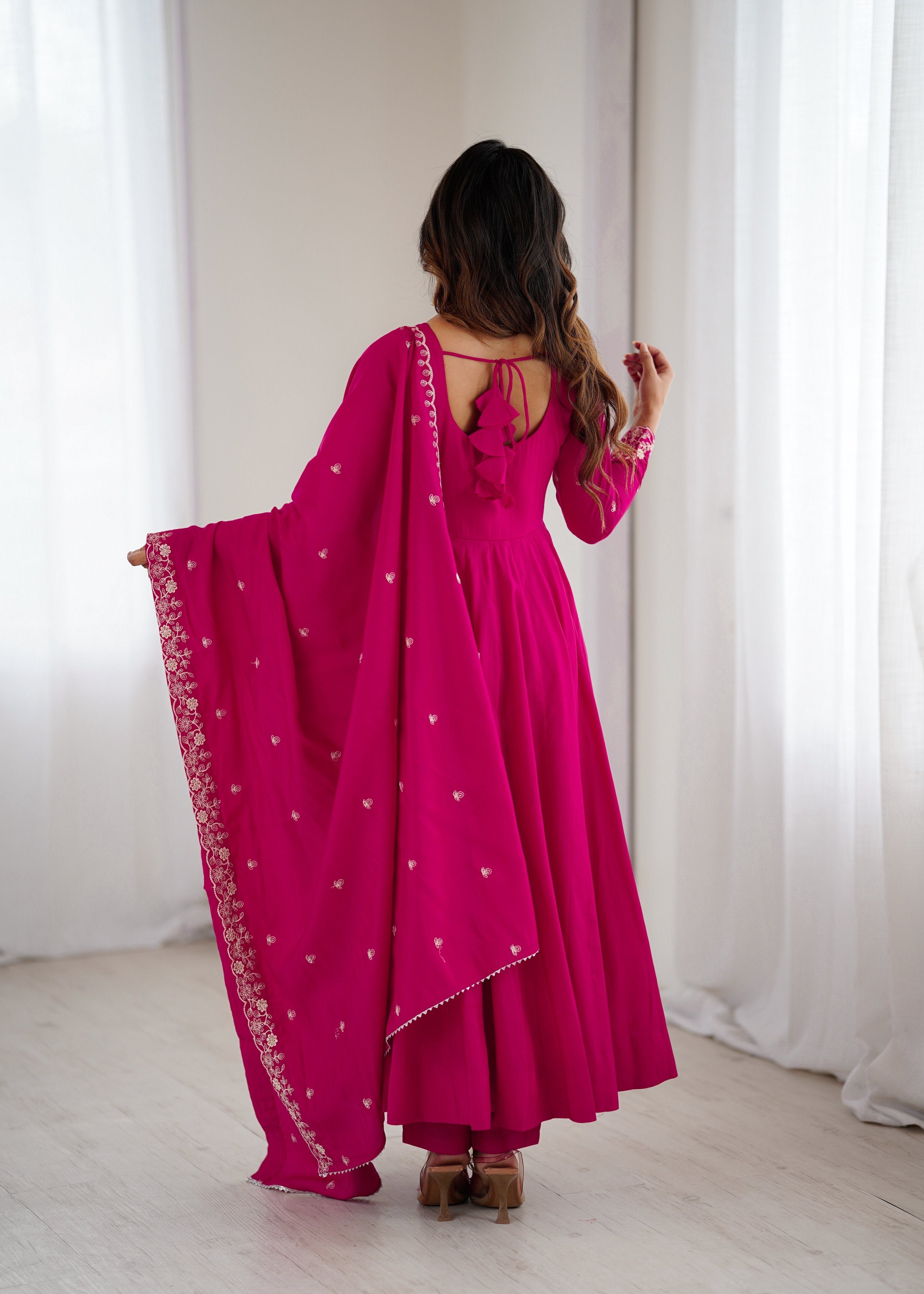 Evanik Ranipink Pure Roman Shimmer Chanderi Beads Work Anarkali Suit