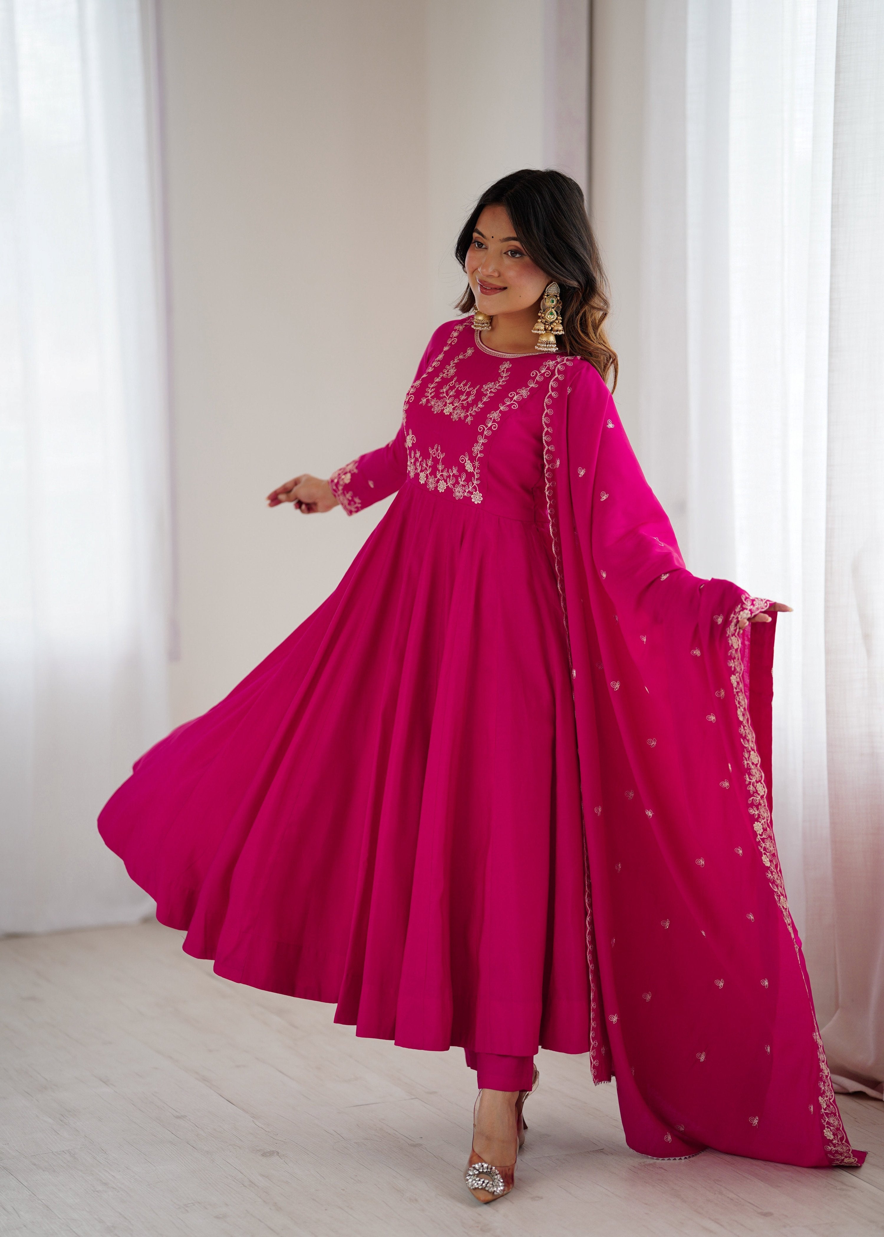 Evanik Ranipink Pure Roman Shimmer Chanderi Beads Work Anarkali Suit