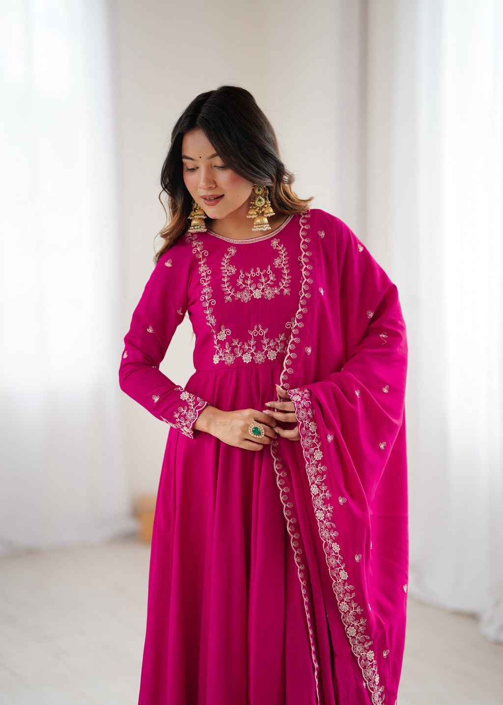 Evanik Ranipink Pure Roman Shimmer Chanderi Beads Work Anarkali Suit