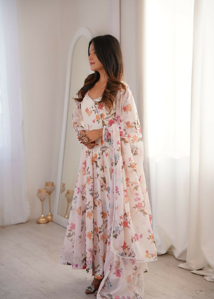 Teeya Creation Cream Faux Georgette Digital Print Party Wear Long Gown