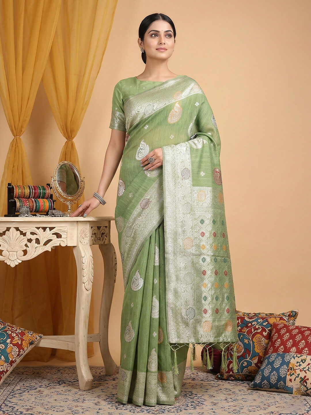 Shree Shyam Fashion Light Green Linen Cotton Saree