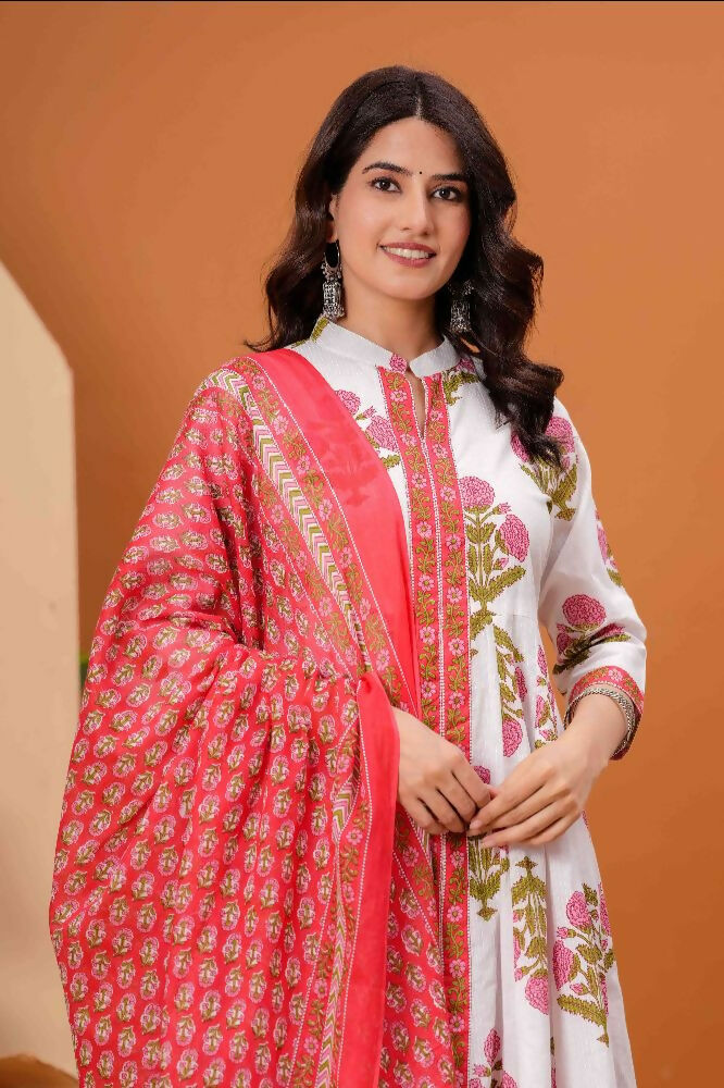 Jaimini Women Cotton Printed Mandarin Collar Neck Calf Length Flared Kurta Pant And Dupatta Set