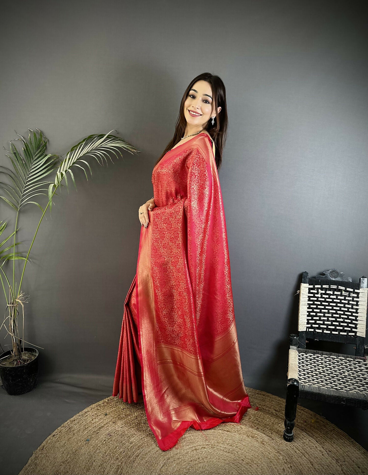 Joban Fashion Red Floral Motifs & Ethnic Design Soft Satin Silk Kanchipuram Saree