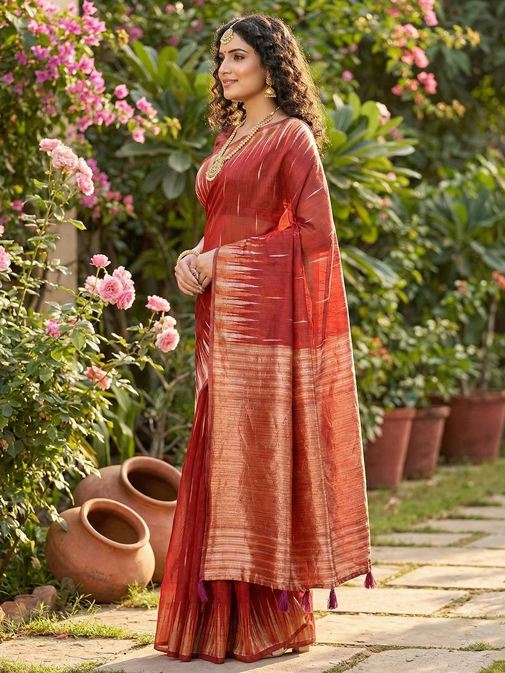 Anaita Red Linen Woven Work Saree With Blouse