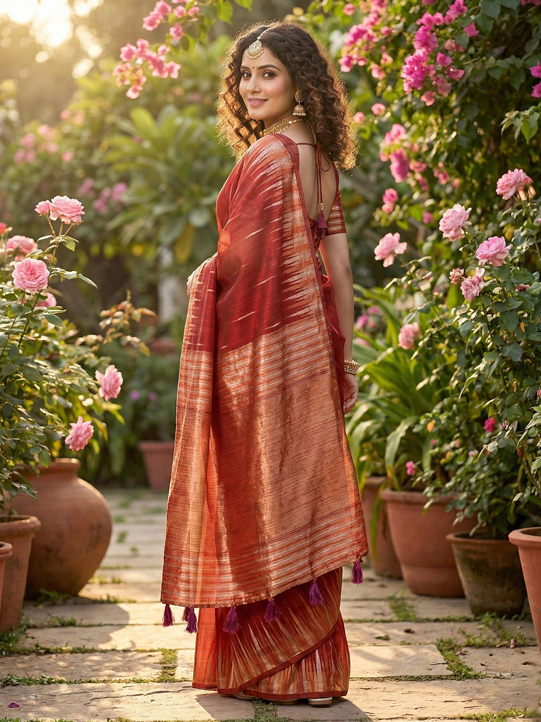 Anaita Red Linen Woven Work Saree With Blouse