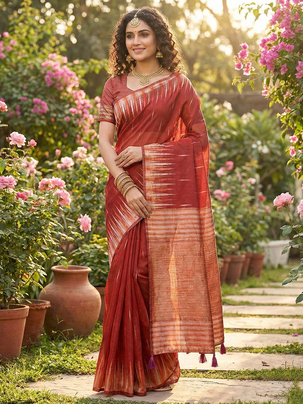 Anaita Red Linen Woven Work Saree With Blouse