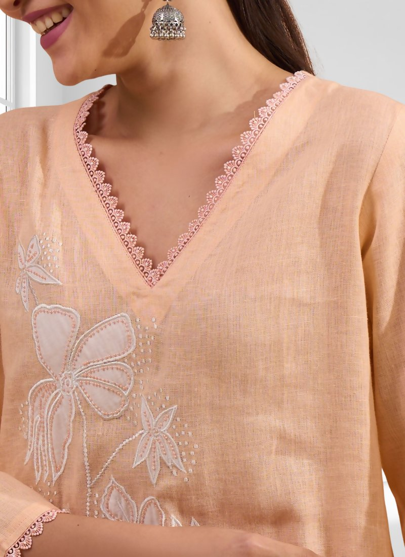 Joban Fashion Coral Linen Embroidered Readymade Long Kurta With Pant