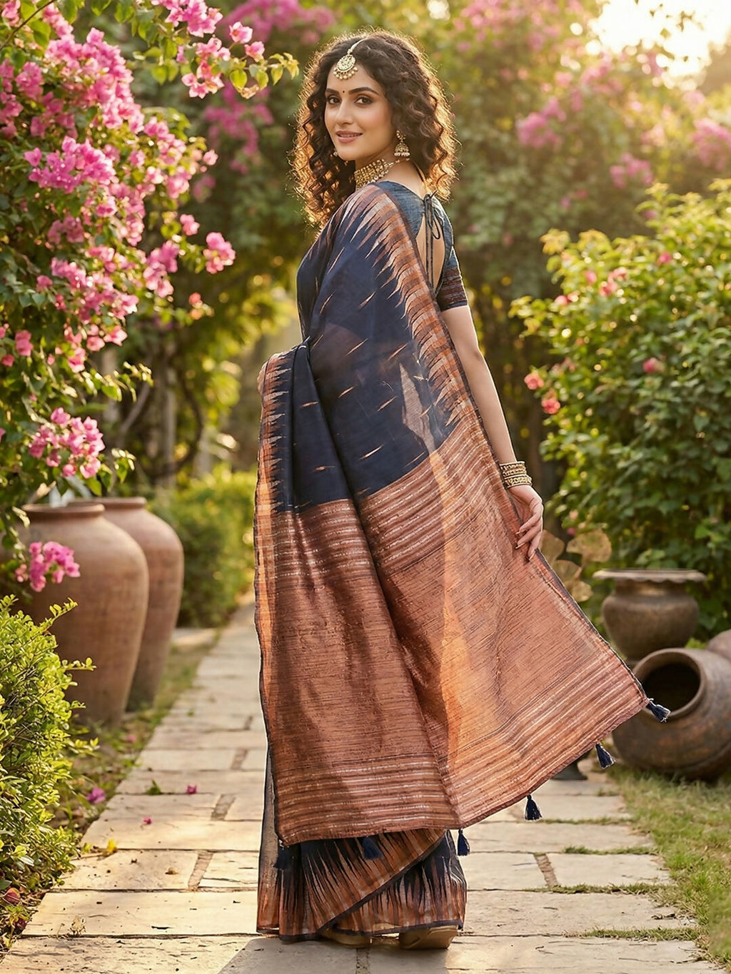 Shree Shyam Fashion Navy Blue Linen Cotton Saree