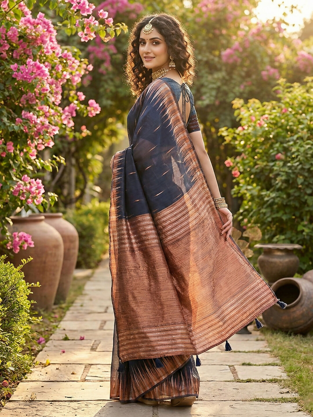 Shree Shyam Fashion Navy Blue Linen Cotton Saree