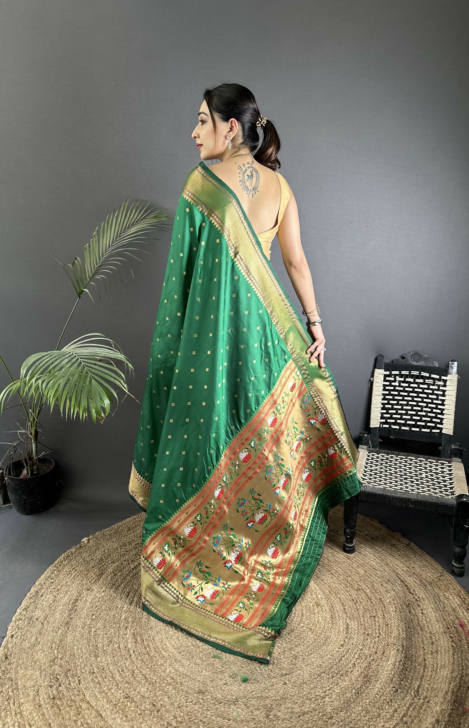 Joban Fashion Green Butti Woven Soft Lichi Silk Paithani Saree