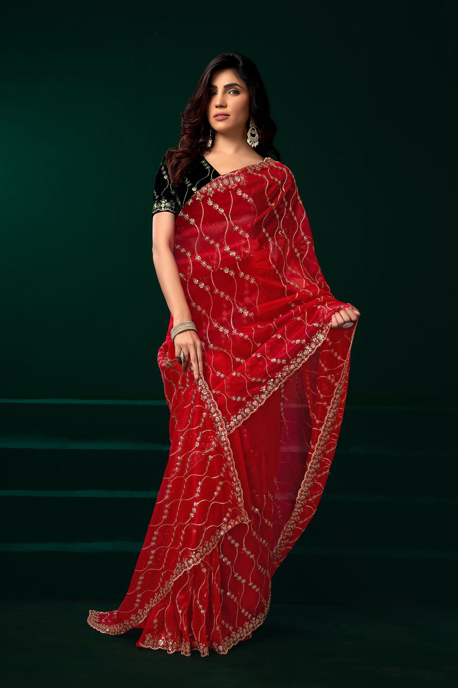 Joban Fashion Red Net Party Wear Sarees