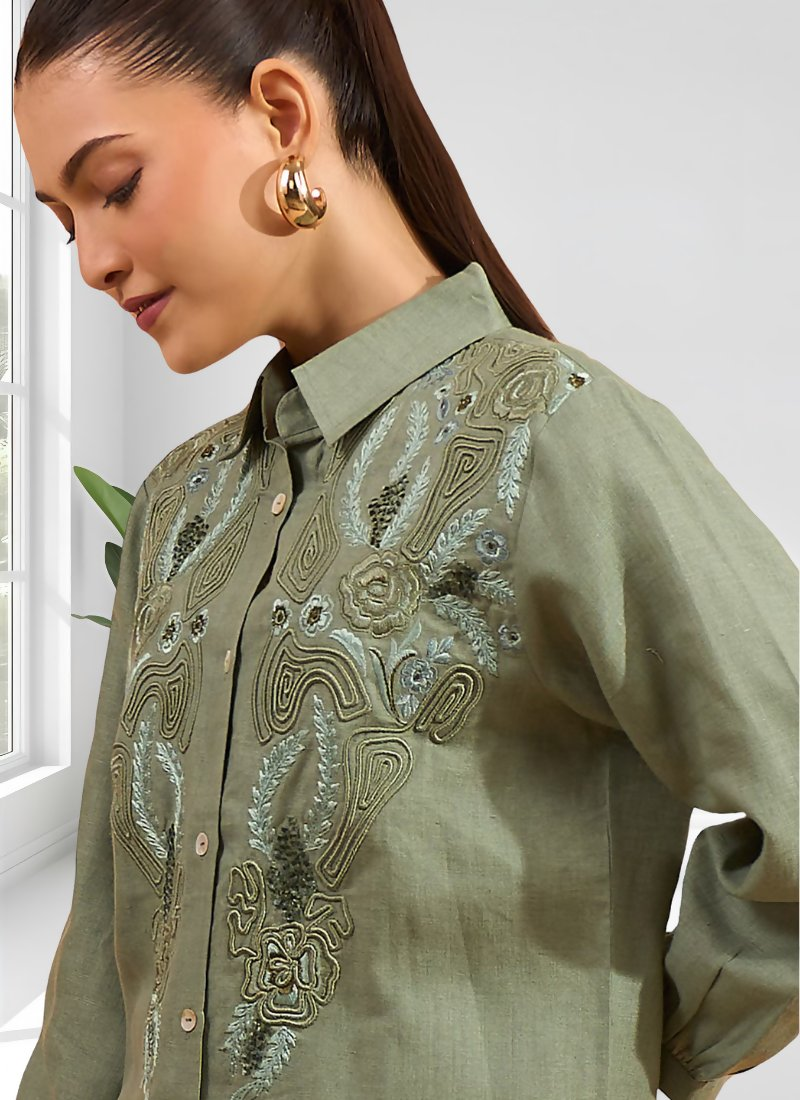 Joban Fashion Pista Green Linen Embroidered Readymade Cord Set