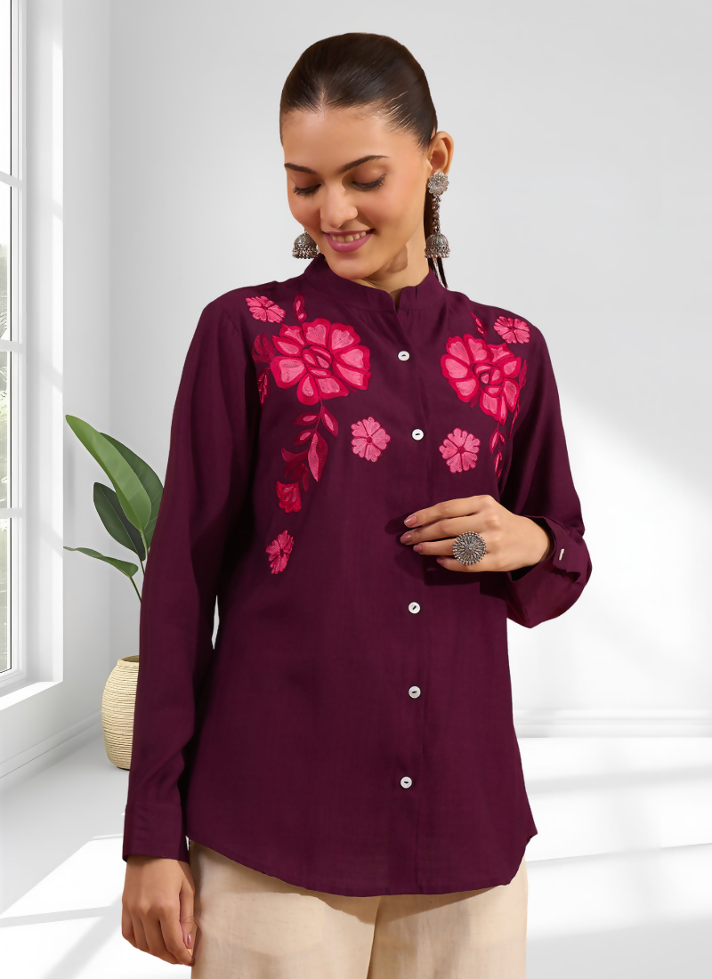 Joban Fashion Wine Silk Embroidered Readymade Tunic
