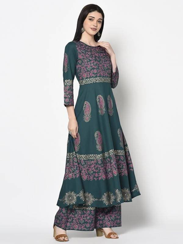Aniyah Rayon Teal Blue Color Block Print Anarkali Palazzo Set (AN-220K)