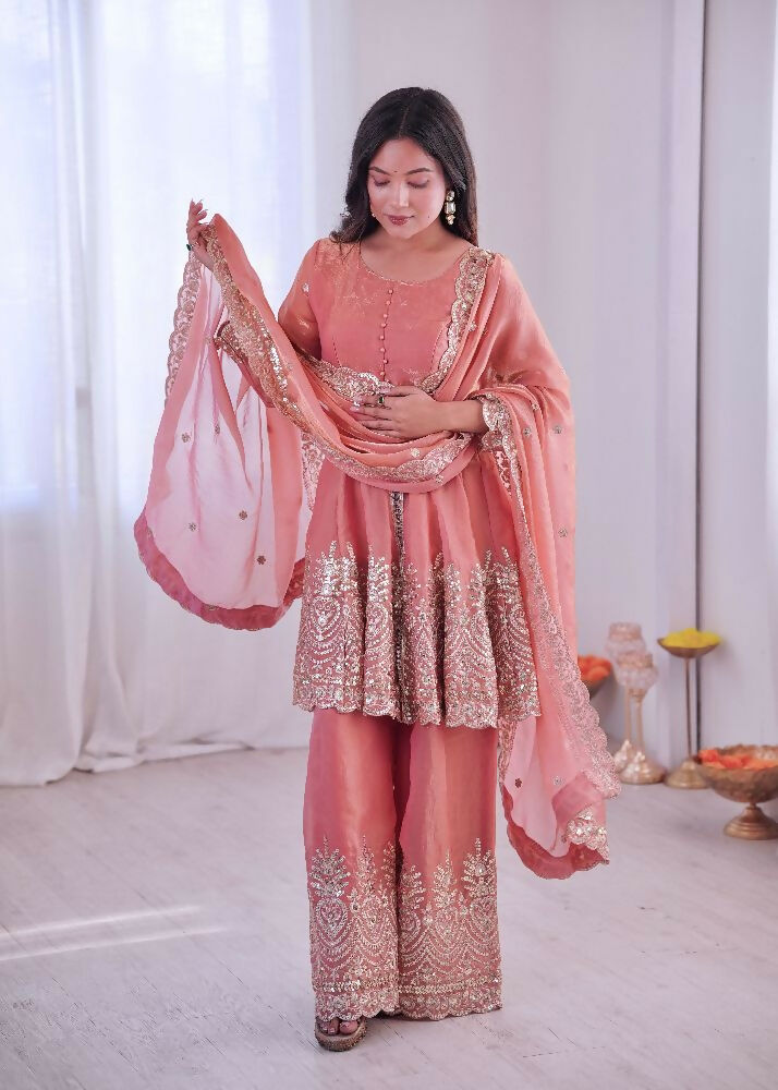 Teeya Creation Peach Color Fendy Satin Silk Embroidery Work Party Wear Salwar Suit